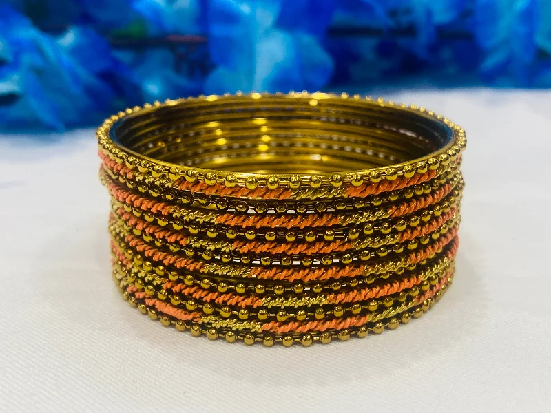 Gold Bangles with Emeralds-Traditional Orange Color Antique Gold Bangle Set For Women