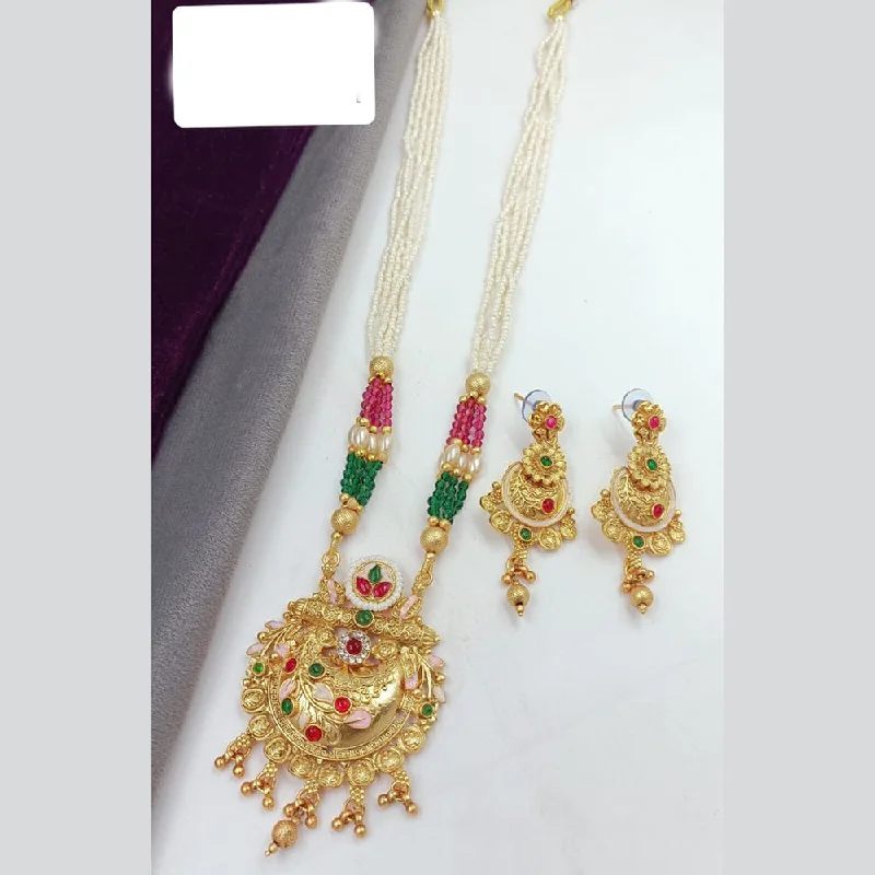 Modern Designer Necklace-Manisha Jewellery Gold Plated Pota Stone And Pearls Meenakari Long Necklace Set