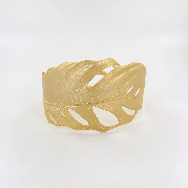 Unique Charm Bangle Bracelets-Feather Gold Finish Cuff Bracelet