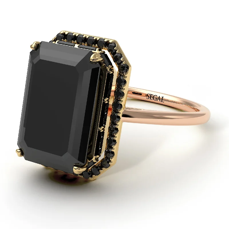 High-End Silver Ring-Two Tones Halo Emerald Cut Black Diamond Ring With Hidden Diamonds - Rowan No. 79