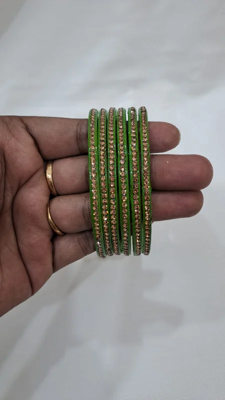 Classic Diamond Bangles-Gorgeous Light Green Color Glass Bangles With Golden Stones For Women