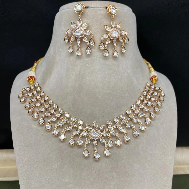 Gold Pendant Necklace for Women-Royal Kundan Jewellery Gold Plated Polki Kundan Necklace Set