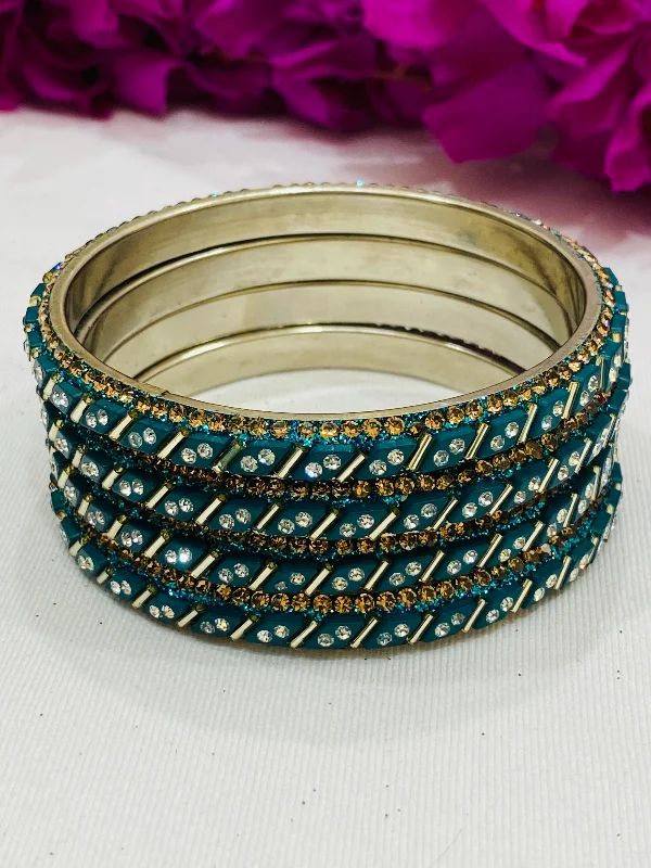 Personalized Name Bangles Set-Lovely Teal Green Metal Bangles With White Stone Work For Women