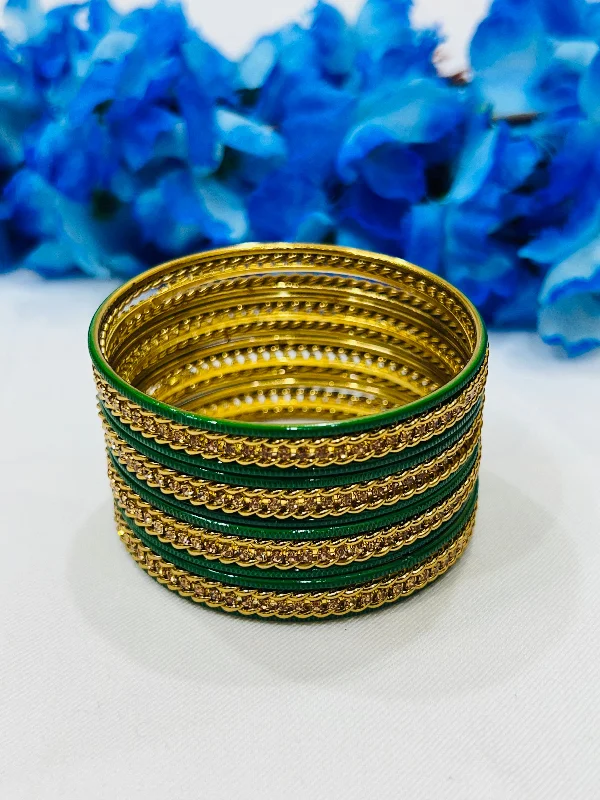 Traditional Gold Bangle Set-Alluring Green Color Unique Design Metal Bangles For Women