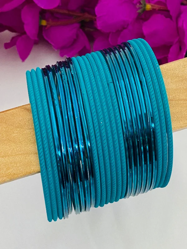 Luxury Silver Bangles-Royal Teal Blue Color Traditional Plain Metal Bangle Set