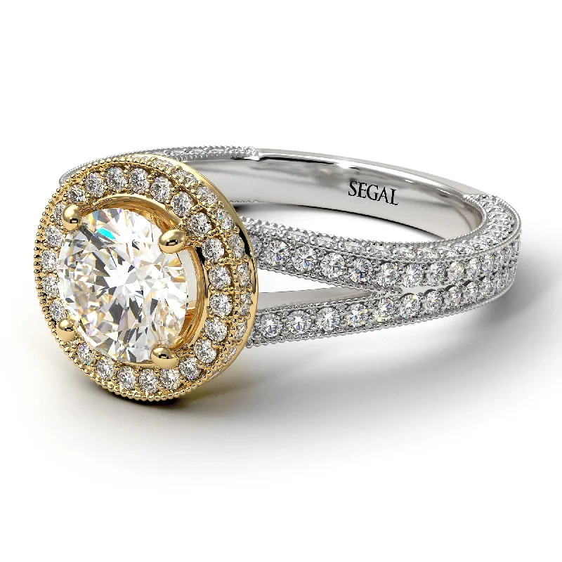 Gold Signet Ring-Two Tones Milgrain Round Diamond Engagement Ring - Payton No. 77