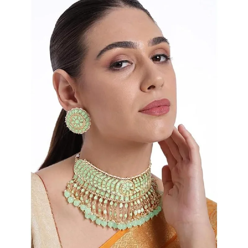 Wedding Bridal Necklace-Etnico Gold Plated Traditional Kundan & Pearl Studded Choker Necklace Set For Women/Girls (K7210) (Full Mint)