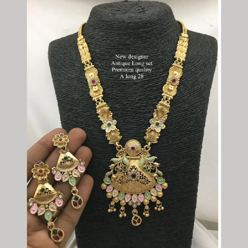 Double Layer Necklace-FS Collection Antique Gold Plated Pota Stone And Pearls Long Necklace Set