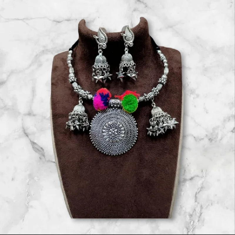 Dainty Silver Necklace-Akruti Collection Oxidised  Plated Necklace Set