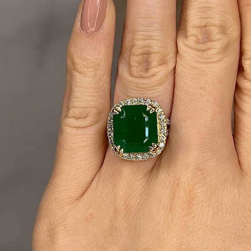 Handmade Promise Ring-"Esme" Octagon 7.35 Carat Emerald Gem Halo Diamond Shoulder Ring