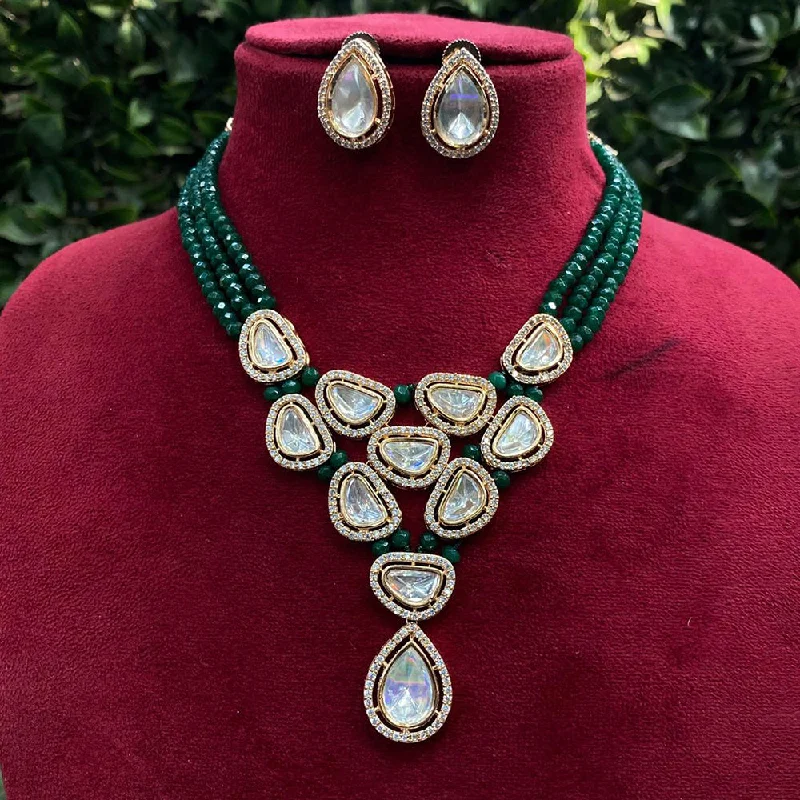 Double Pendant Necklace-Royal Kundan Jewellery Gold Plated Polki Kundan Stone And Pearls Necklace Set