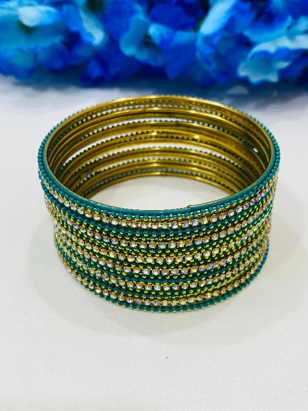 Gold and Diamond Bangles Set-Lovely Green Color Metal Bangles With Sparkling Stones For Women