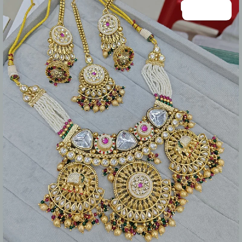 Colorful Necklace with Gemstones-JCM Gold Plated Kundan Stone And Pearls Meenakari Necklace Set