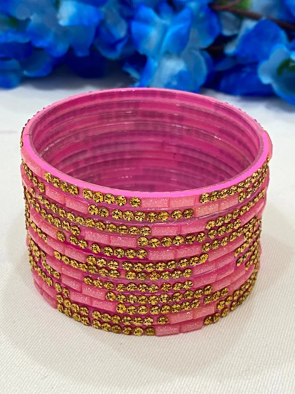 Simple Stackable Bangles-Alluring Rani Pink Color Stone Work Glass Bangles For Women