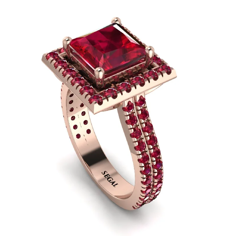 Rose Gold Wedding Band-Gorgeous Princess Cut Ruby Pave Double Shank Engagement Ring With Hidden Stone - Margot No. 56