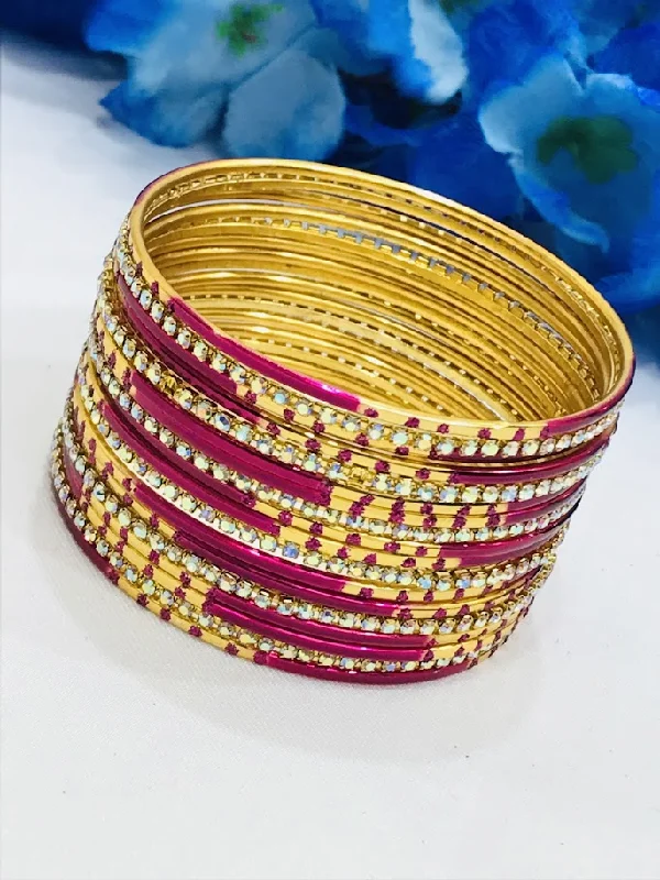 Silver Bangles with Diamonds-Stunning Rani Pink Color Stone Worked Metal Bangles For Women