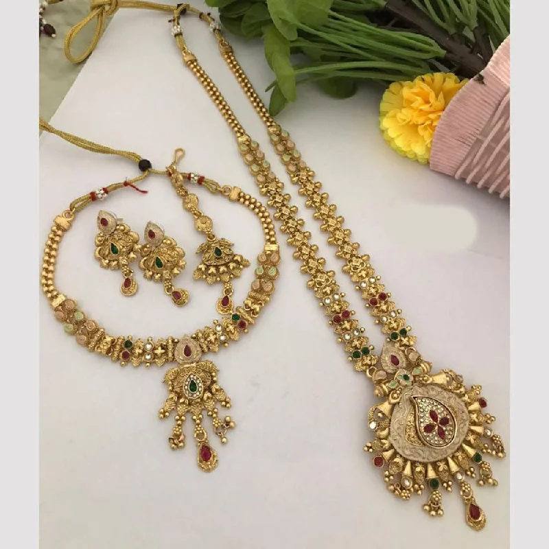 Elegant Pearl Necklace-FS Collection Gold Plated Pota Stone And Meenakari Double Necklace Set