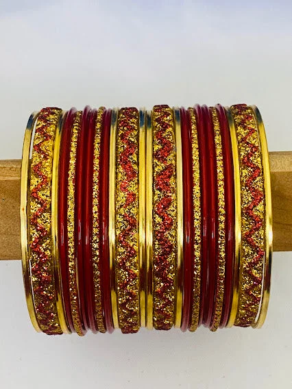 Stackable Wedding Bangles-Red Color Shining Traditional Designer Metal Bangles