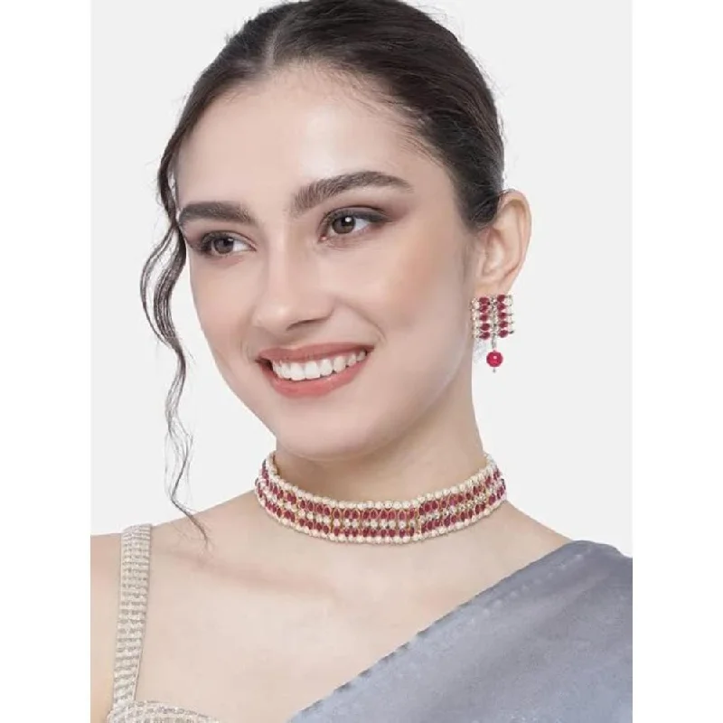 Colorful Necklace with Gemstones-Etnico Gold Plated Traditional Kundan Pearl Choker Necklace Jewellery Set For Women And Girls (K7209) (Rani Pink)