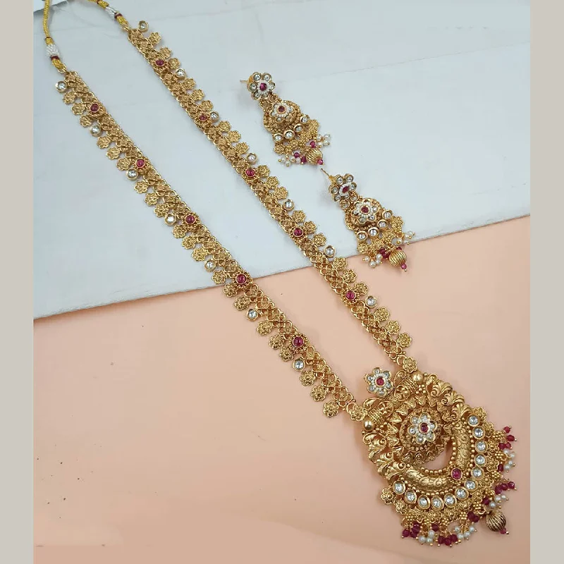 Gemstone Drop Necklace-Padmawati Bangles Gold Plated Pota Stone And Pearls Long Necklace Set