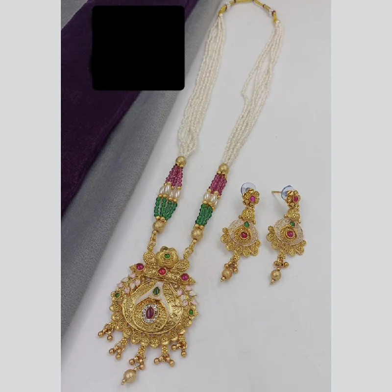 Vintage-inspired Choker Necklace-Manisha Jewellery Gold Plated Pota Stone And Pearls Meenakari Long Necklace Set