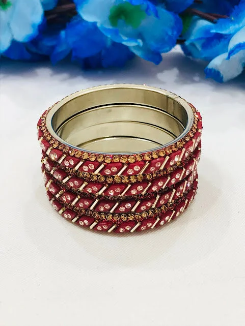 Classic Silver Bangle Set-Beautiful Maroon Colored Stone Metal Bangles For Girls