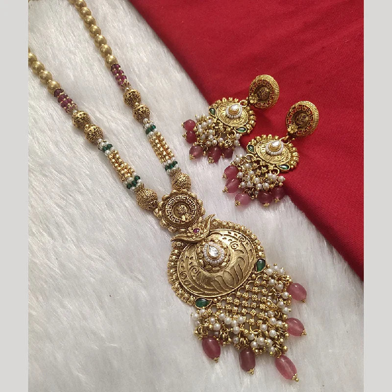 Long Dangle Necklace-Kala Creation Gold Plated Pota Stone And Pearl Necklace Set