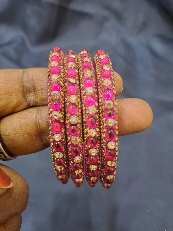 Modern Gemstone Bangles-Stunning Pink Color Glass Bangles With Flashing Stone For Women