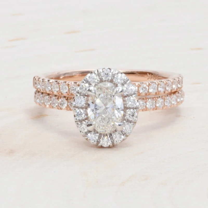 Romantic Heart Ring-14K White & Rose Gold Oval Diamond Halo Engagement Set