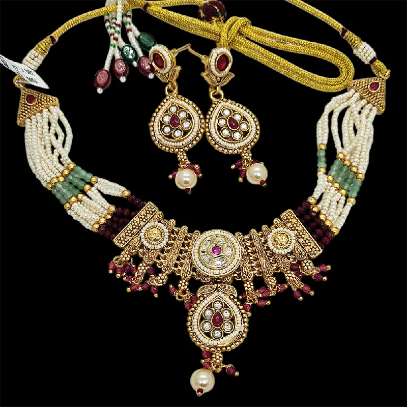 Crystal Pendant Necklace-Nakoda Jewels Brass Copper Gold Plated Pota Stone And Pearls Necklace Set