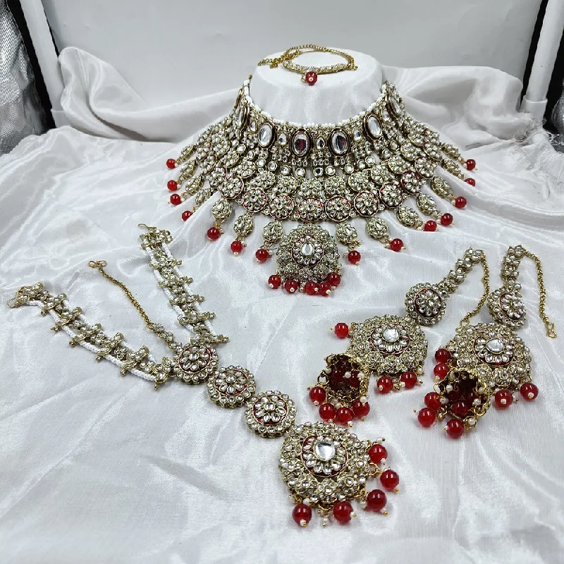 Chunky Gold Necklace-Gehana Mahal Gold Plated Kundan Stone Semi Bridal Necklace Set