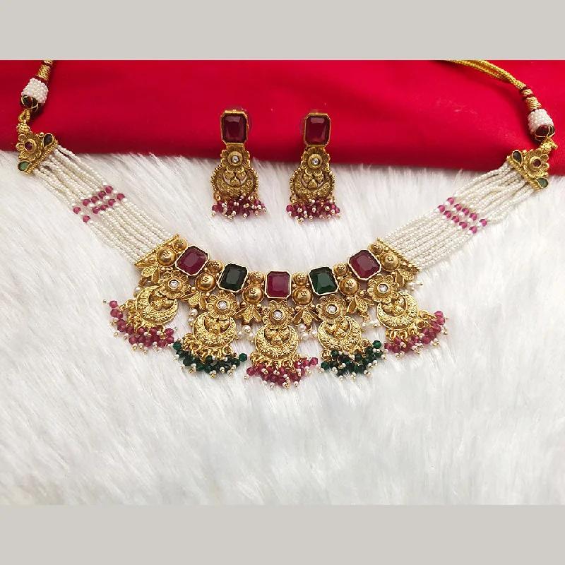 Colorful Gemstone Necklace-Kala Creation Gold Plated Pota Stone And Pearl Necklace Set