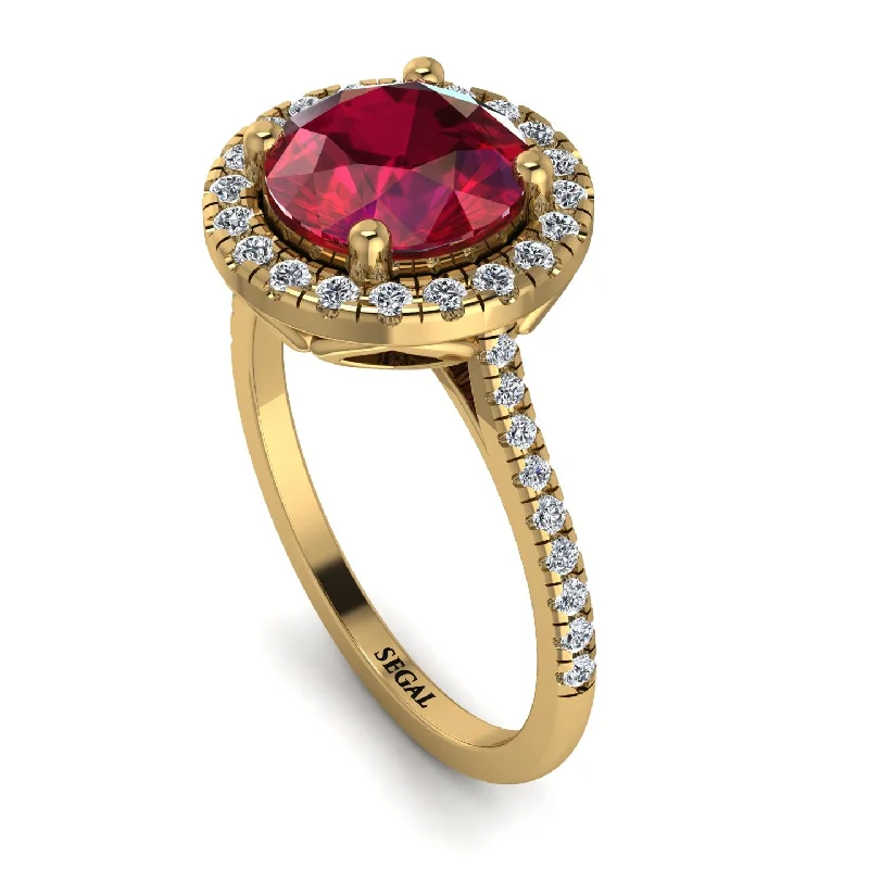 Gold Wedding Band Set-Gorgeous Round Cut Ruby Pave Engagement Ring With Hidden Stone - Ellen No. 10