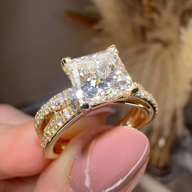 Classic Gold Ring-"Tori" 2 Carat Princess Cut Square Diamond Crossover Diamond Shoulder Engagement Ring