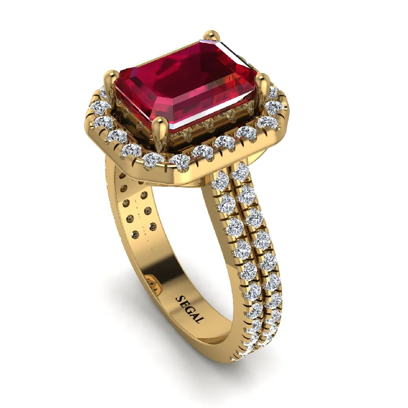 Gold and Silver Ring-Gorgeous Emerald Cut Ruby Pave Double Shank Engagement Ring With Hidden Stone - Veronica No. 10