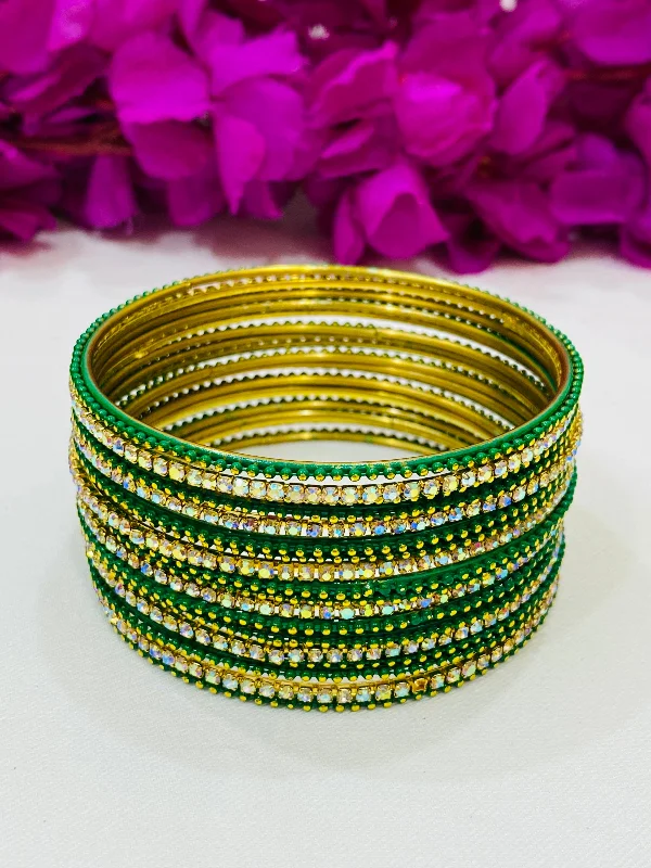 Minimalist Gold Bangles-Attractive Green Color Metal Bangles With Glittering Stone For Women