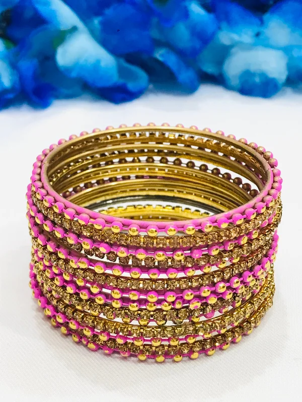 Chunky Silver Bangles-Dazzling Pink Color Dot Designed Metal Bangles For Girls