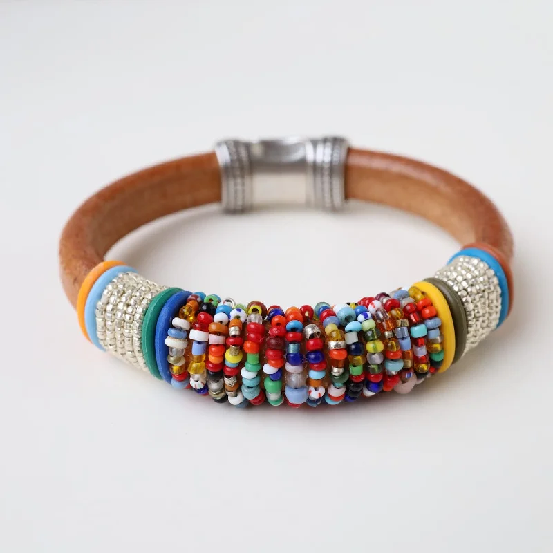 Unique Leather Bracelets-Hand Stitched Mix Vintage Seed Beads & Japanese Seed Beads Bracelet