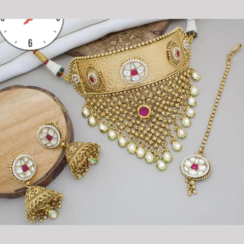 Cute Heart Pendant Necklace-Manisha Jewellery Gold Plated Pota Stone And Pearls Choker Necklace Set