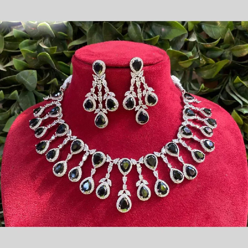 Unique Chain Necklace-Royal Kundan Jewellery Silver Plated American Diamonds Necklace Set