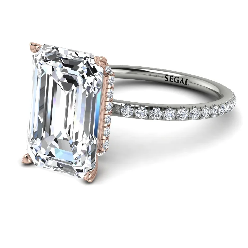 Elegant Sapphire Ring-Two Tones Hidden Halo Emerald Cut Diamond Engagement Ring - Melodi No. 78