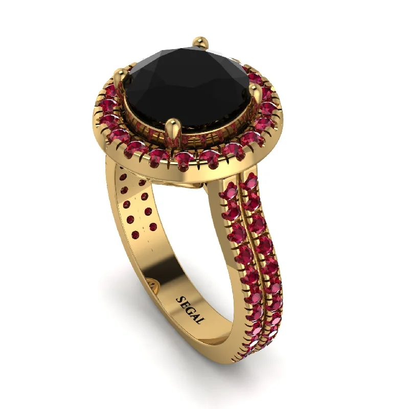 Gold Signet Ring-Gorgeous Round Cut Black Diamond Pave Double Shank Engagement Ring With Hidden Stone - Ellen No. 52