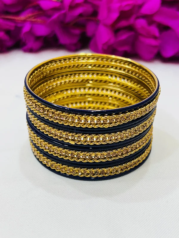 Simple Rose Gold Bangles Set-Exquisite Navy Blue Color Metal Bangles With Golden Stone For Women