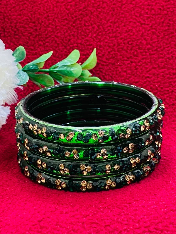 Custom Gold Bangles Set-Stunning Green Color Stoned Design Glass Bangles For Women