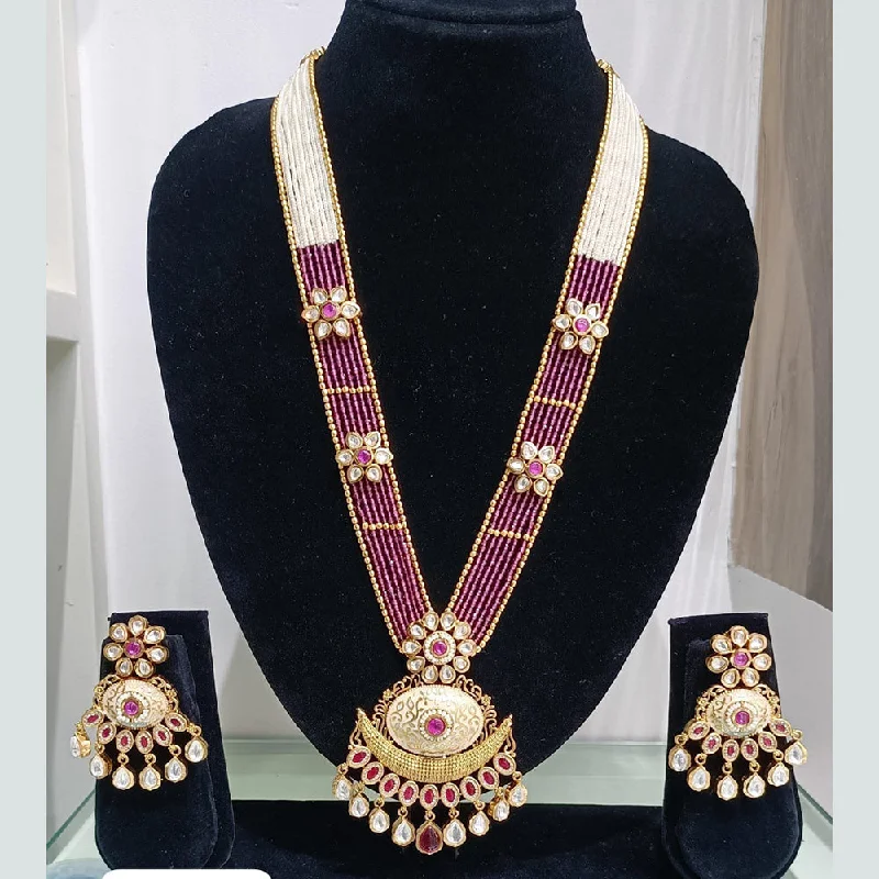 Boho Chic Necklace-JCM Gold Plated Kundan Stone And Pearls Long Necklace Set