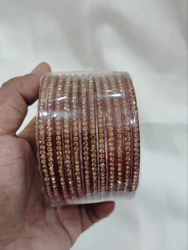 Vintage Gold Cuff Bangles-Attractive Maroon Colored Glass Bangles With Sparkling Stone For Women