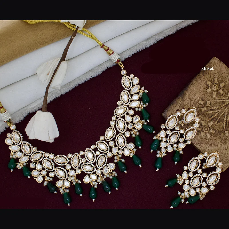 Gold Choker Necklace-JCM Gold Plated Polki Kundan Stone And Beads Necklace Set