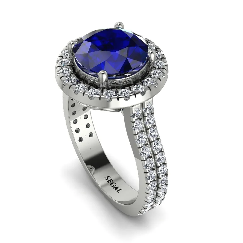 Double Band Ring-Gorgeous Round Cut Sapphire Pave Double Shank Engagement Ring With Hidden Stone - Ellen No. 15