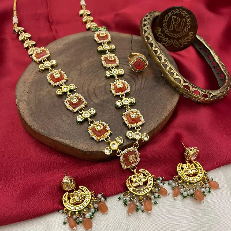 Statement Necklace for Weddings-FS Collection Gold Plated Kundan Stone And Pearls Long Necklace Set