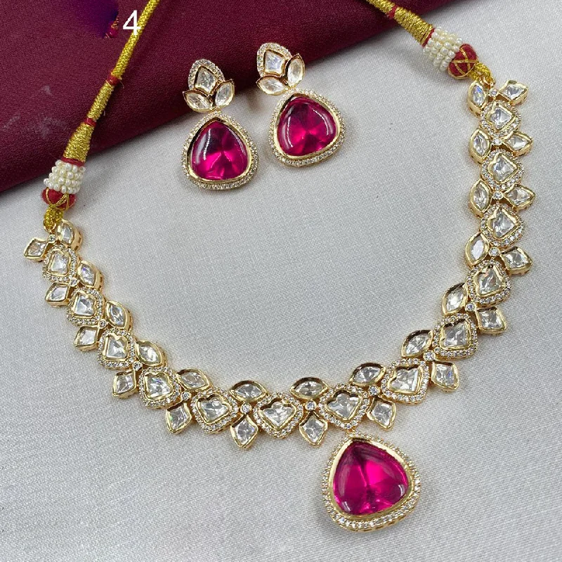 Personalized Silver Necklace-Amoliya Jewels Gold Plated Polki Kundan Stone Necklace Set